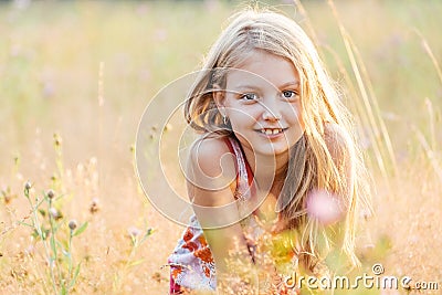 Portrait of little cheerful girl in a meadow Stock Photo