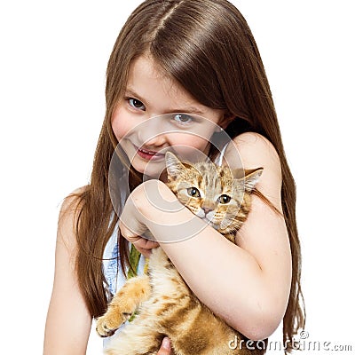 Portrait of a little girl with a cat. Child and Pet Stock Photo