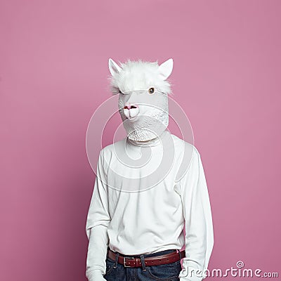 Portrait of Llama person on pink background Stock Photo