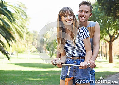 Portrait, love and couple smile on bicycle journey, outdoor wellness and romantic date in nature park. Travel Stock Photo