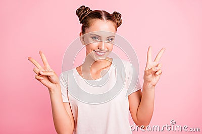 Portrait of lovely, charming person in white t-shirt, make v-sig Stock Photo