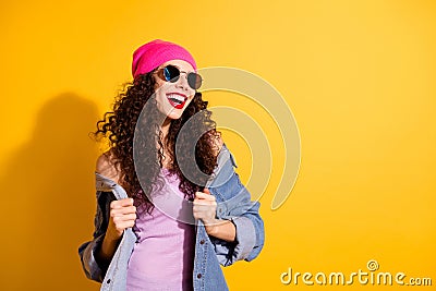 Portrait of lovely cute lady have rest relax free time fool with her friends wear modern look outift isolated over Stock Photo