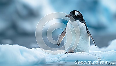Portrait of lovely penguin floating on small iceberg in cold Antarctic sea waters with picturesque moody landscape background. Stock Photo