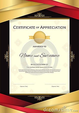 Portrait luxury certificate template with elegant golden border Vector Illustration