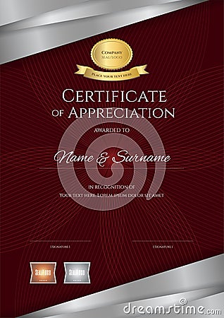 Portrait luxury certificate template with elegant red and silver Vector Illustration