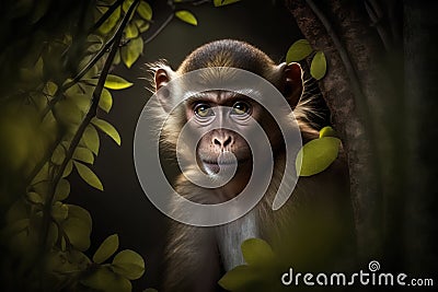 Portrait of a macaque monkey on a tree in the jungle Stock Photo