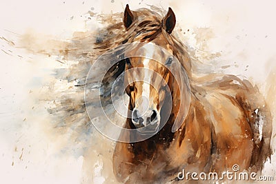 Portrait of a majestic bay horse. Power and Grace of Wild Horse. Painting in style of Impressionism and oil painting Stock Photo