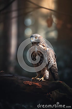 Single hawk sits on the tree branch in the forest. Stock Photo