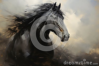 Portrait of Majestic Black Horse. Power and Grace of Wild Horse. Painting in style of Impressionism and oil painting Stock Photo