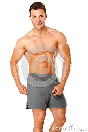 Portrait of a male athlete muscular on white Stock Photo