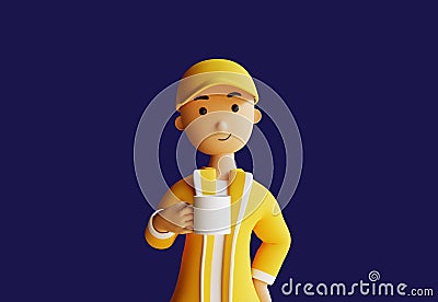 portrait of a male character in a yellow hat in a yellow coat holding a cup of coffe Cartoon Illustration