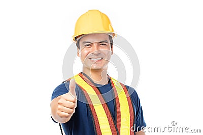 Portrait of male construction worker thumbs up wearing protective clothes, helmet isolated on white background Stock Photo
