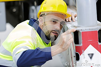 Portrait male engineer in helmet Stock Photo