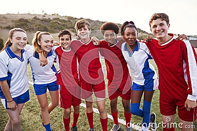 Portrait Of Male And Female High School Soccer Teams Stock Photo