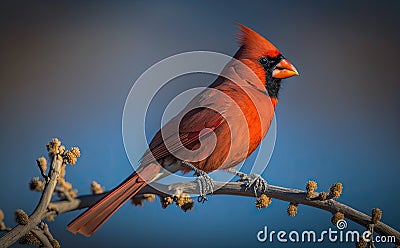A portrait of a male red Northern Cardinal, blurred blue sky background generative AI Stock Photo