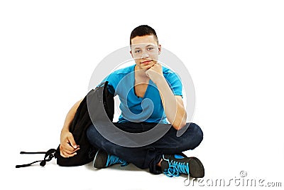 A portrait of a male student with a school bag Stock Photo