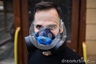 Portrait of a man with antibacerias mask. Stock Photo