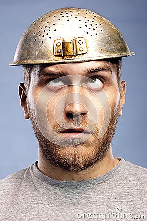 Portrait of a man with a colander Stock Photo