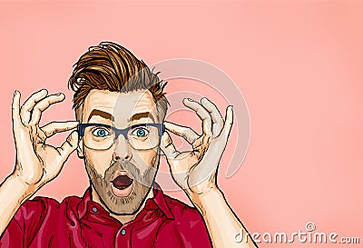 Portrait of man in glasses says wow with open mouth to see something unexpected. Stock Photo