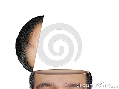 Portrait of a man with open head manipulation surreal image solated on white background. He has empty head ideal for adding elemen Stock Photo
