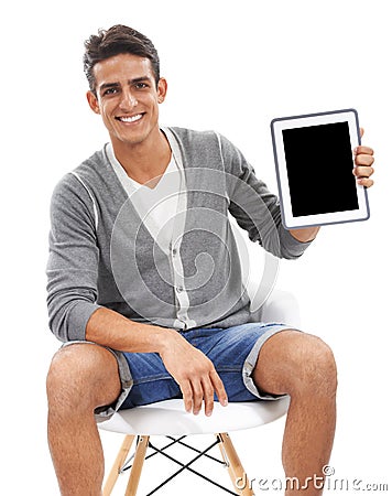 Portrait, man and space on tablet screen in studio for sign up offer, newsletter or information about us on white Stock Photo