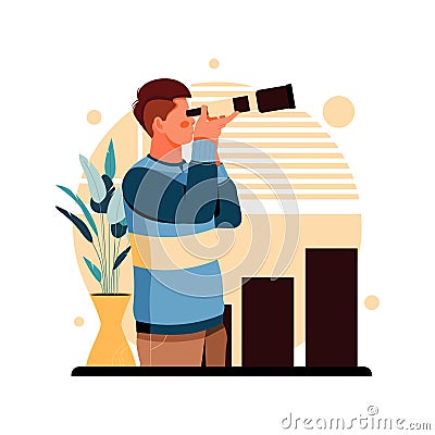 Portrait of man using binoculars, flat design concept. vector illustration Vector Illustration