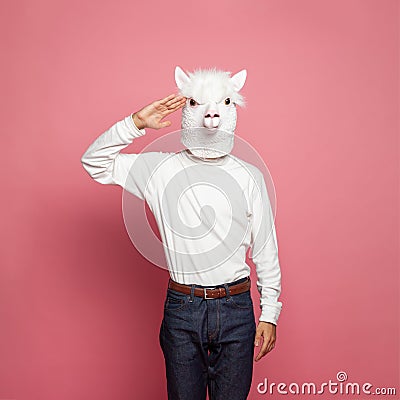 Portrait of man wearing white lama mask on pink background Stock Photo