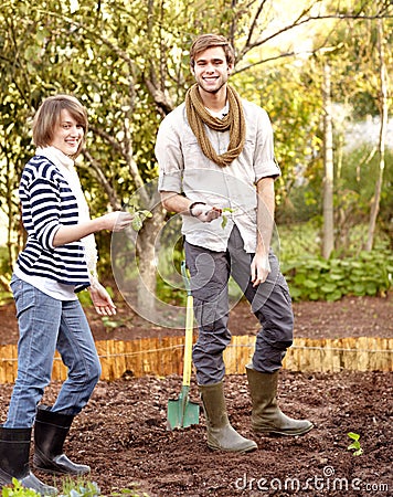 Portrait, man and woman for garden with agriculture in backyard with seeds, shovel and soil for nature. Happy people Stock Photo