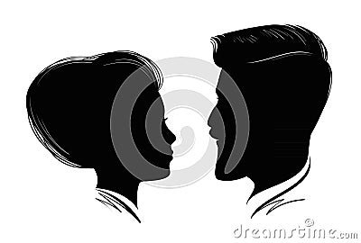 Portrait of man and woman. Head profile, black silhouette. Wedding, love, people symbol. Vector illustration Vector Illustration