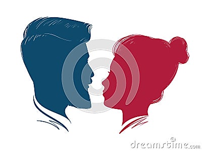 Portrait of man and woman. Head profile, silhouette. Wedding, love, people symbol. Hipster, vector illustration Vector Illustration