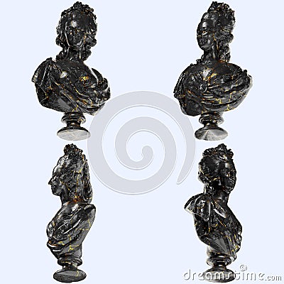Portrait of Marie Antoinette Renaissance 3D Digital Bust Statue in Black Marble and Gold Stock Photo