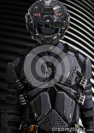 Portrait of a masked futuristic armored sci fi soldier with a studio background. Stock Photo