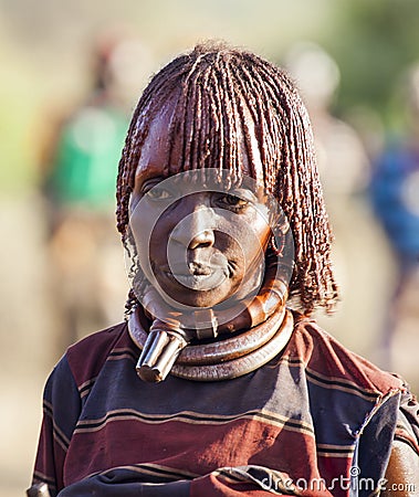 Portrait of mature Hamar woman at bull jumping ceremony. Turmi, Omo Valley, Ethiopia. Editorial Stock Photo