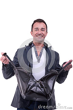 Portrait of a mature man open a handbag, Stock Photo