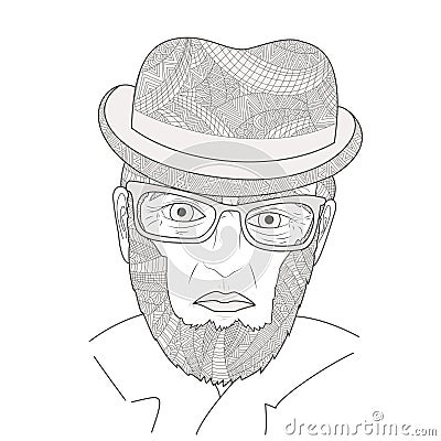 The portrait of mature men Zen Tangle. Aged person in a hat and glasses. Coloring book. Vector Illustration