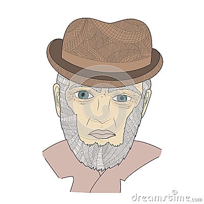 Portrait of a mature person Zen Tangle. Aged man in a hat. Vector Illustration