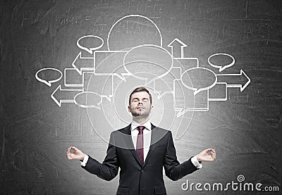 Meditating man and a flowchart on blackboard Stock Photo