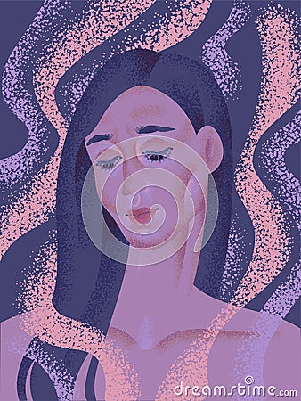Portrait of a melancholic girl in dark colors. Vector Vector Illustration
