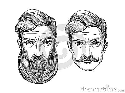 Portrait of men with beard and mustache. Vector Illustration