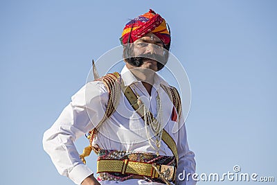 Portrait men wearing traditional Rajasthani dress participate in Mr. Desert contest as part of Desert Festival in Jaisalmer, Rajas Editorial Stock Photo
