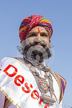 Portrait men wearing traditional Rajasthani dress participate in Mr. Desert contest as part of Desert Festival in Jaisalmer, Rajas Editorial Stock Photo