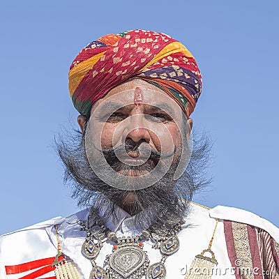 Portrait men wearing traditional Rajasthani dress participate in Mr. Desert contest as part of Desert Festival in Jaisalmer, Rajas Editorial Stock Photo