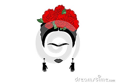 Portrait of Mexican or Spanish woman minimalist Frida with earrings hands and red flowers, vector isolated Vector Illustration