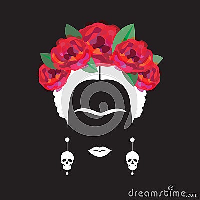Portrait of Mexican or Spanish woman minimalist Frida Kahlo with earrings skulls and red flowers , black background Vector Illustration