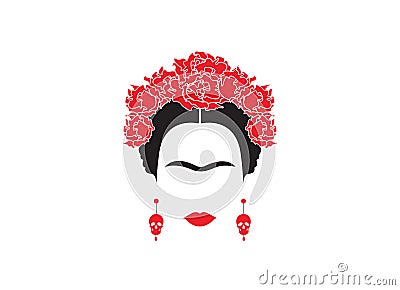 Portrait of Mexican or Spanish woman minimalist Frida Kahlo with earrings skulls and red flowers , isolated Vector Illustration