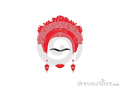 Portrait of Mexican or Spanish woman minimalist Frida Kahlo with earrings skulls and red flowers , isolated Vector Illustration