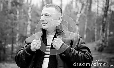 Plump man at contryside, casual style for mens Stock Photo