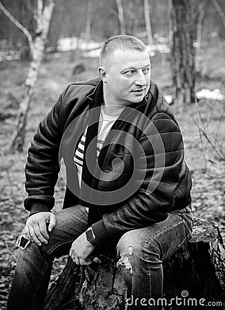 Plump man at contryside, casual style for mens Stock Photo