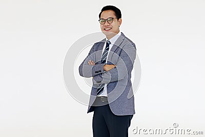 Portrait of middle aged boss look Asian businessman wearing eyesglasses on white background Stock Photo