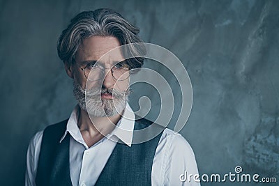 Portrait of minded pensive old rich wealthy man worker look copy space wear stylish outfit isolated over grey color Stock Photo